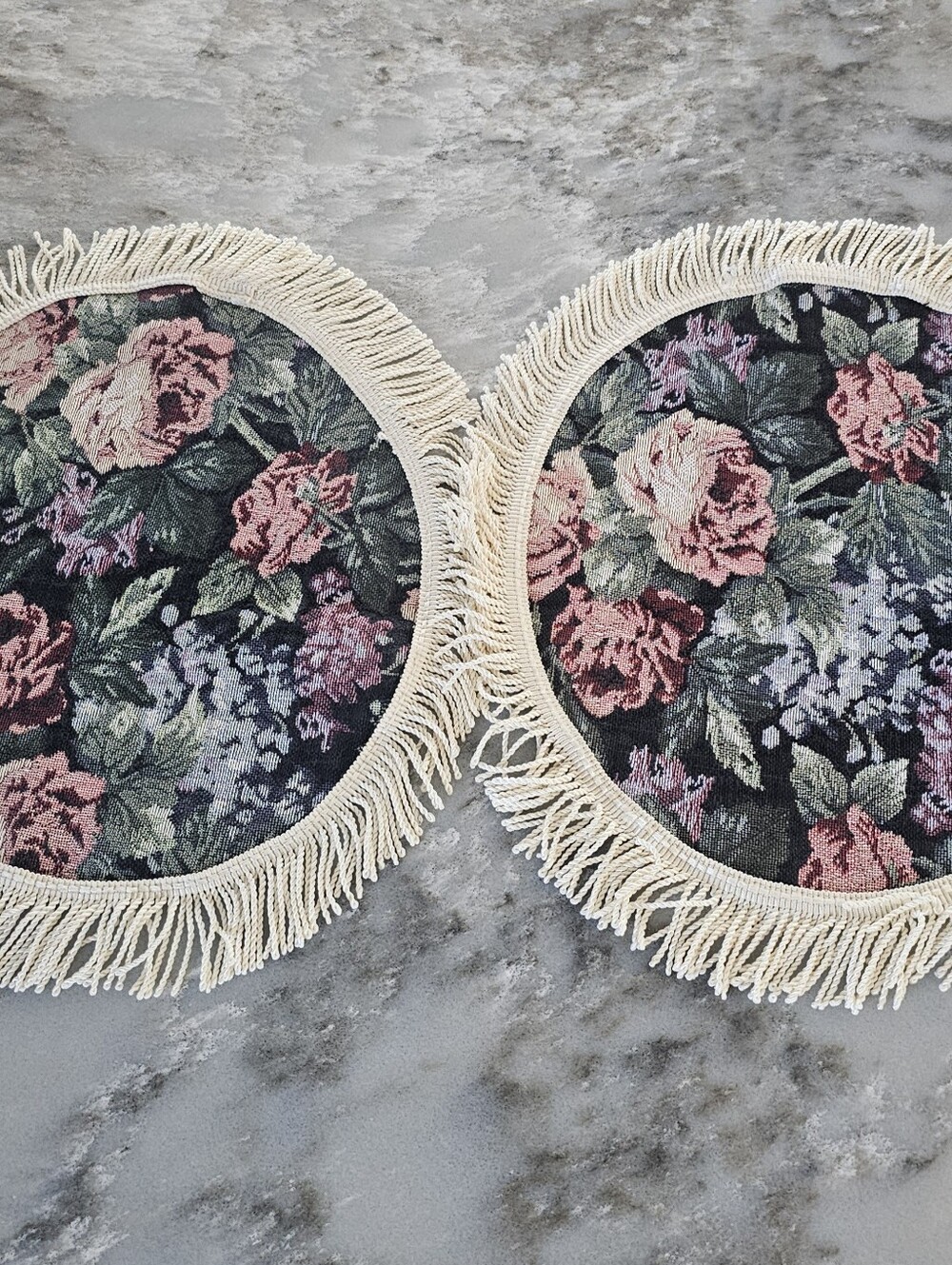 Vtg Round Floral Tapestry Placemats Set of 2 Fringe Woven Rose Cottagecore 90s
